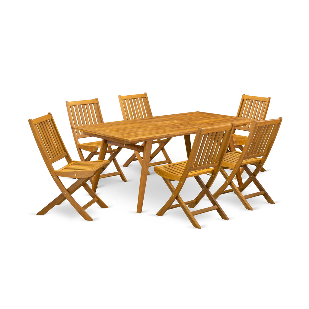 East West Furniture DEDK7CWNA 7 Piece Outdoor Patio Dining Sets Consist of a Rectangle Acacia Wood Table and 6 Folding Side Chairs