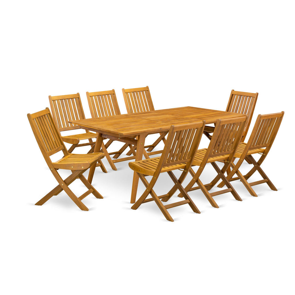 East West Furniture DEDK9CWNA 9 Piece Outdoor Patio Dining Sets Includes a Rectangle Acacia Wood Table and 8 Folding Side Chairs