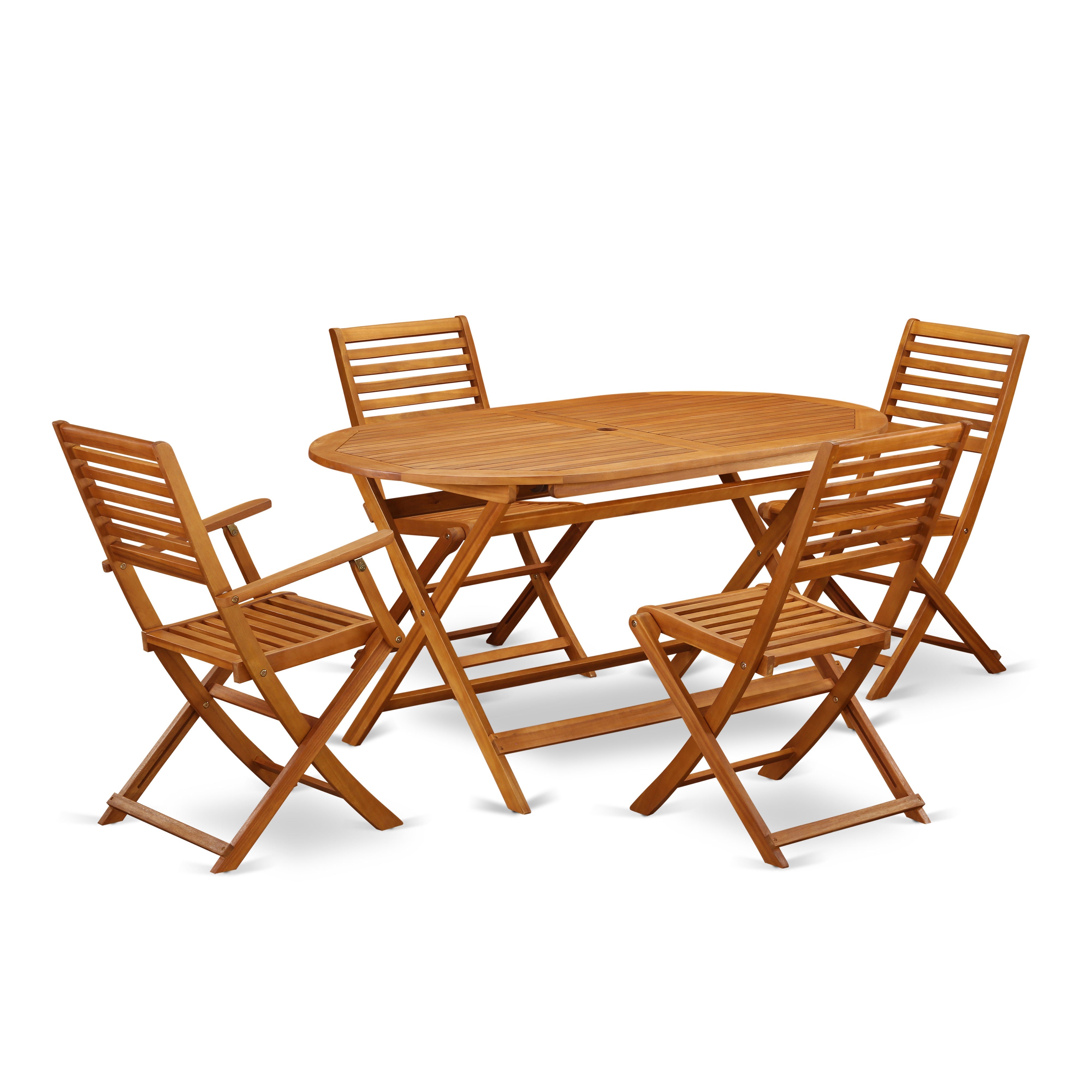 Juego de comedor estilo bistró para patio East West Furniture DIBS52CANA de 5 piezas. Incluye una mesa ovalada de madera de acacia para exteriores y 2 sillas plegables con 2 sillas laterales.