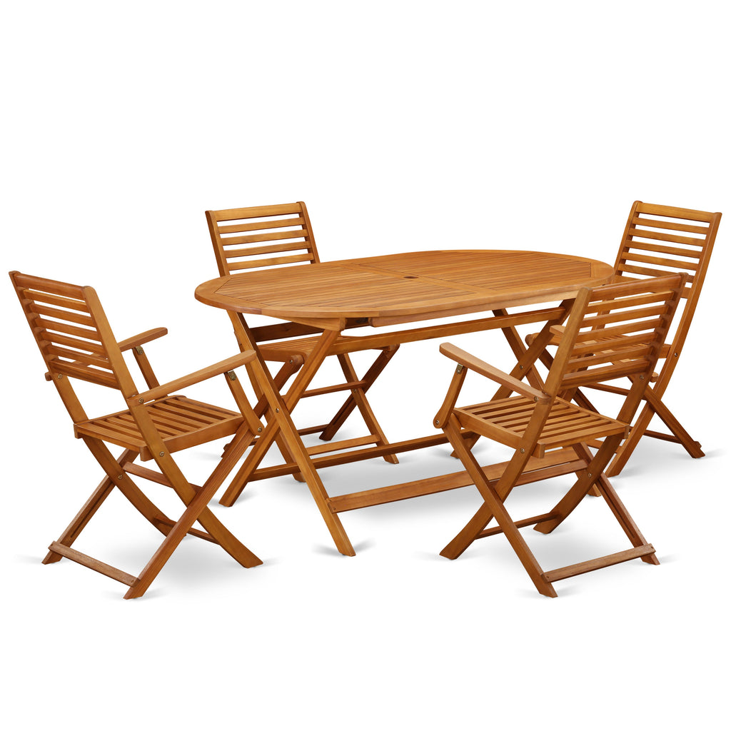 East West Furniture DIBS5CANA 5 Piece Patio Dining Set Includes an Oval Outdoor Acacia Wood Table and 4 Folding Arm Chairs