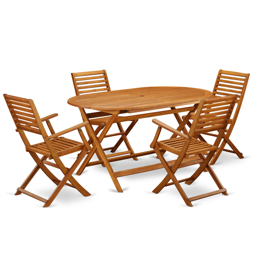 East West Furniture DIBS5CANA 5 Piece Patio Dining Set Includes an Oval Outdoor Acacia Wood Table and 4 Folding Arm Chairs, 36x60 Inch, Natural Oil