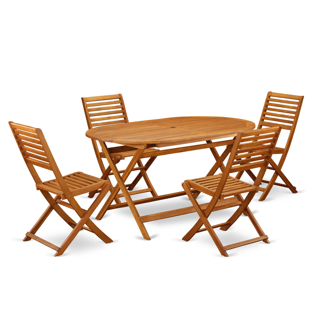 East West Furniture DIBS5CWNA 5 Piece Patio Dining Set Includes an Oval Outdoor Acacia Wood Table and 4 Folding Side Chairs, 36x60 Inch, Natural Oil