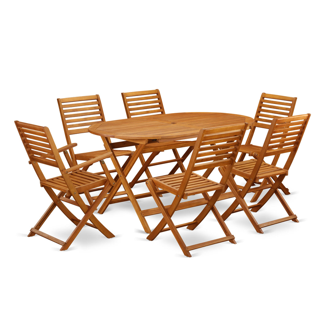 East West Furniture DIBS72CANA 7 Piece Patio Dining Set Consist of an Oval Outdoor Acacia Wood Table and 2 Folding Arm Chairs with 4 Side Chairs