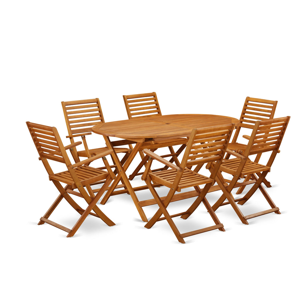 East West Furniture DIBS7CANA 7 Piece Outdoor Patio Dining Sets Consist of an Oval Acacia Wood Table and 6 Folding Arm Chairs, 36x60 Inch, Natural Oil