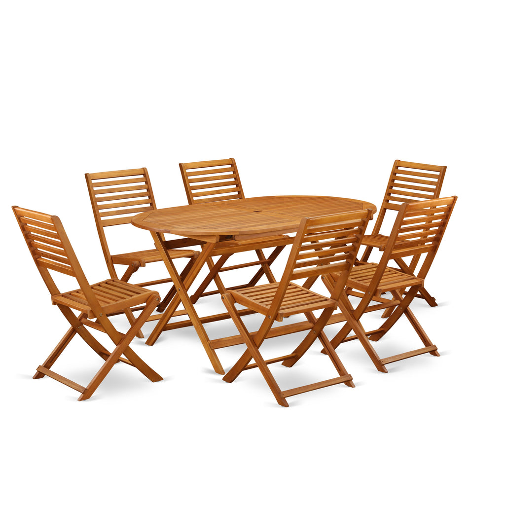 East West Furniture DIBS7CWNA 7 Piece Outdoor Patio Dining Sets Consist of an Oval Acacia Wood Table and 6 Folding Side Chairs