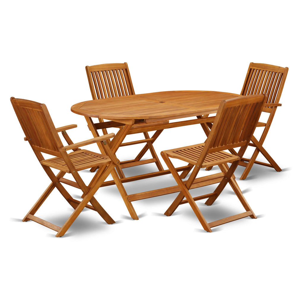 East West Furniture DICM52CANA 5 Piece Patio Dining Set Includes an Oval Outdoor Acacia Wood Table and 2 Folding Arm Chairs with 2 Side Chairs, 36x60 Inch, Natural Oil