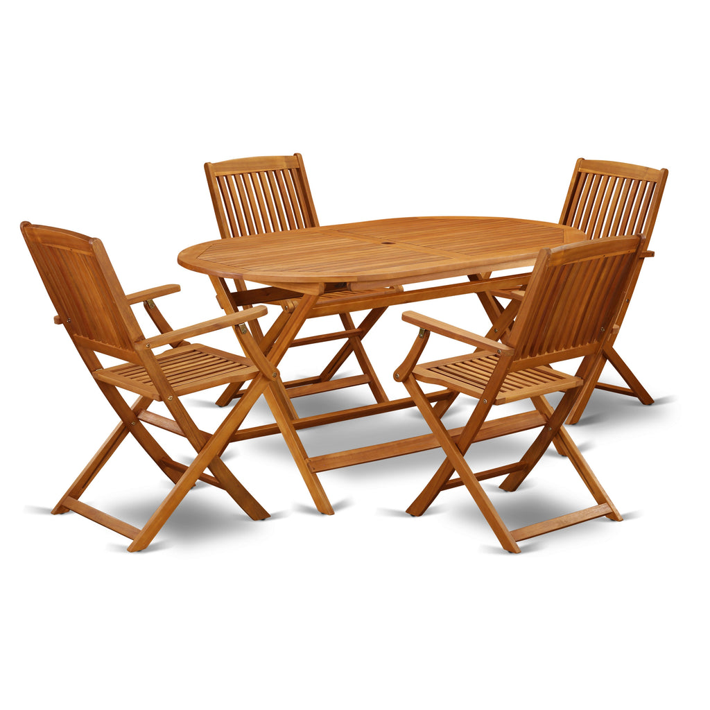 East West Furniture DICM5CANA 5 Piece Patio Bistro Dining Furniture Set Includes an Oval Outdoor Acacia Wood Table and 4 Folding Arm Chairs, 36x60 Inch, Natural Oil