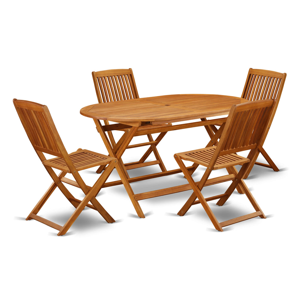 Juego de comedor estilo bistró para patio East West Furniture DICM5CWNA de 5 piezas. Incluye una mesa ovalada de madera de acacia para exteriores y 4 sillas laterales plegables.