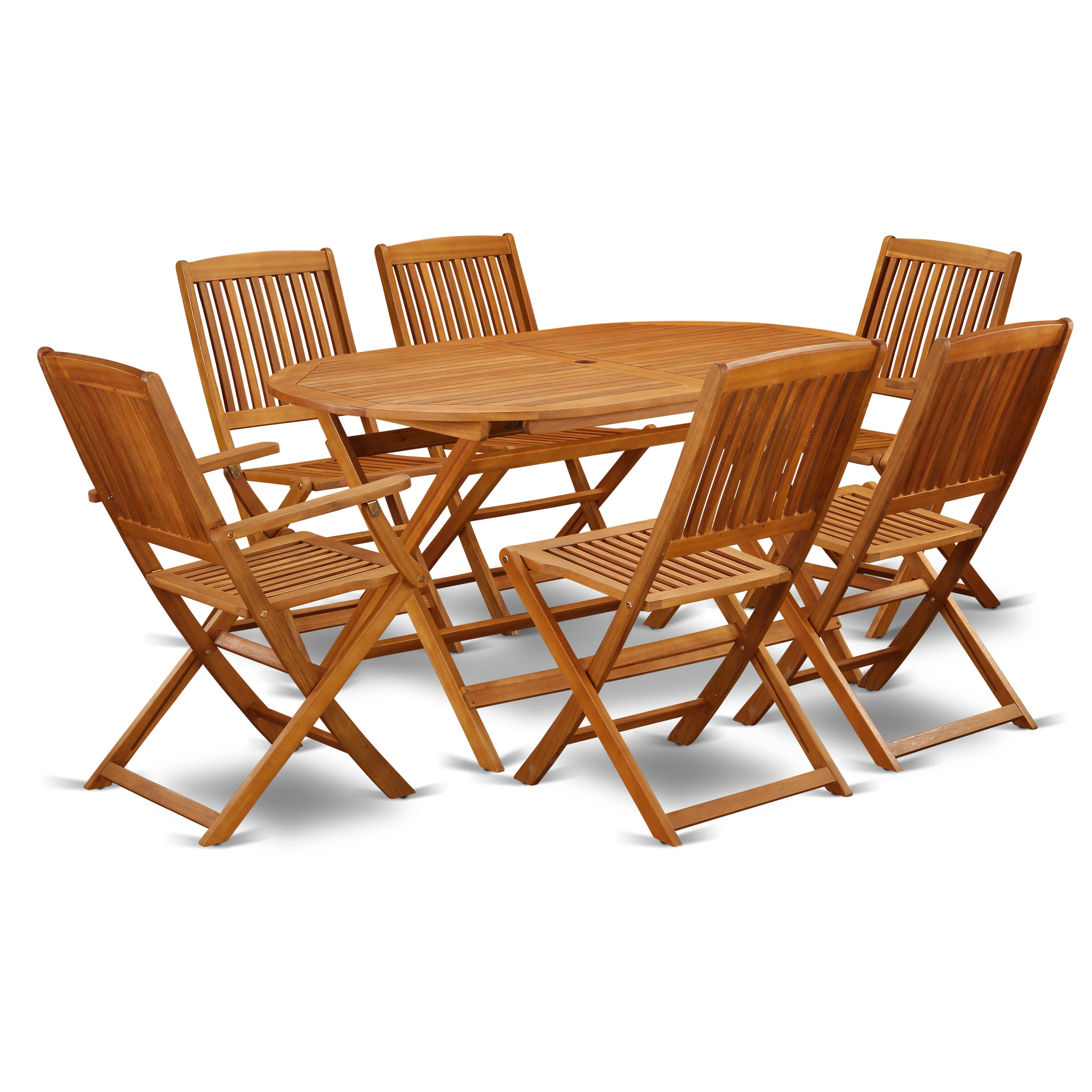 Juego de mesa de jardín para patio East West Furniture DICM72CANA de 7 piezas que consta de una mesa de comedor ovalada de madera de acacia para exteriores y 2 sillas plegables con 4 sillas laterales.
