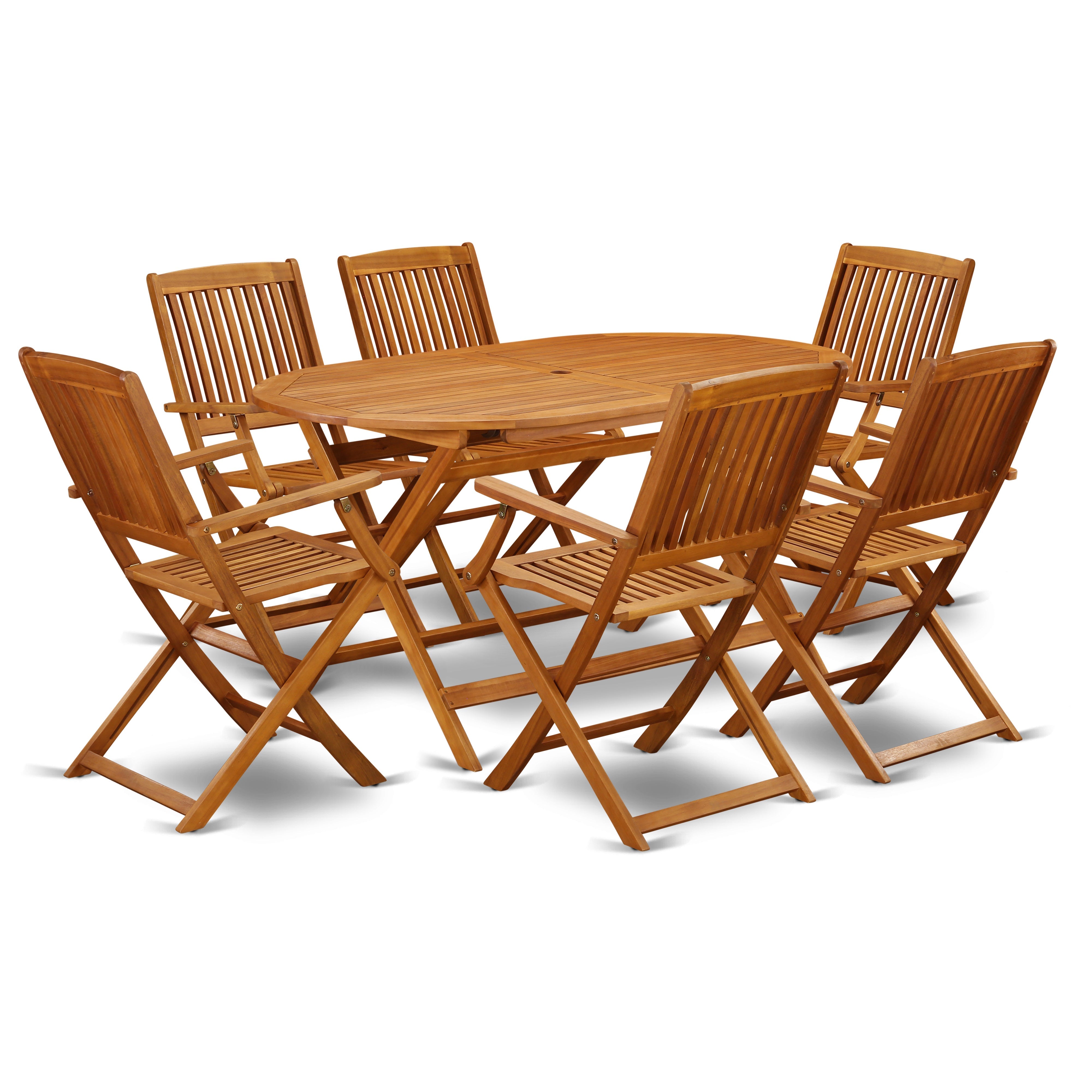 Juego de mesa de jardín para patio East West Furniture DICM7CANA de 7 piezas compuesto por una mesa de comedor ovalada de madera de acacia para exteriores y 6 sillas plegables.
