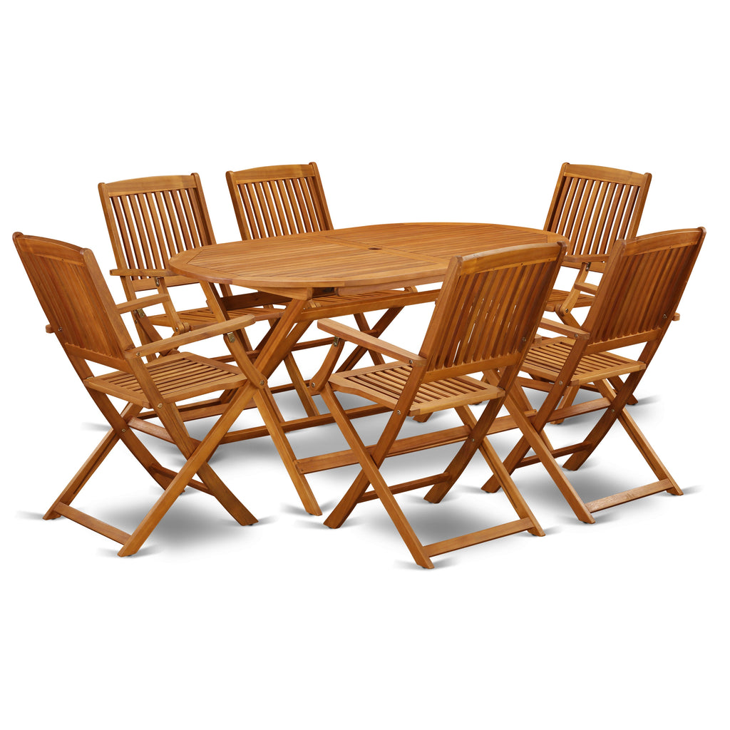 East West Furniture DICM7CANA 7 Piece Patio Garden Table Set Consist of an Oval Outdoor Acacia Wood Dining Table and 6 Folding Arm Chairs