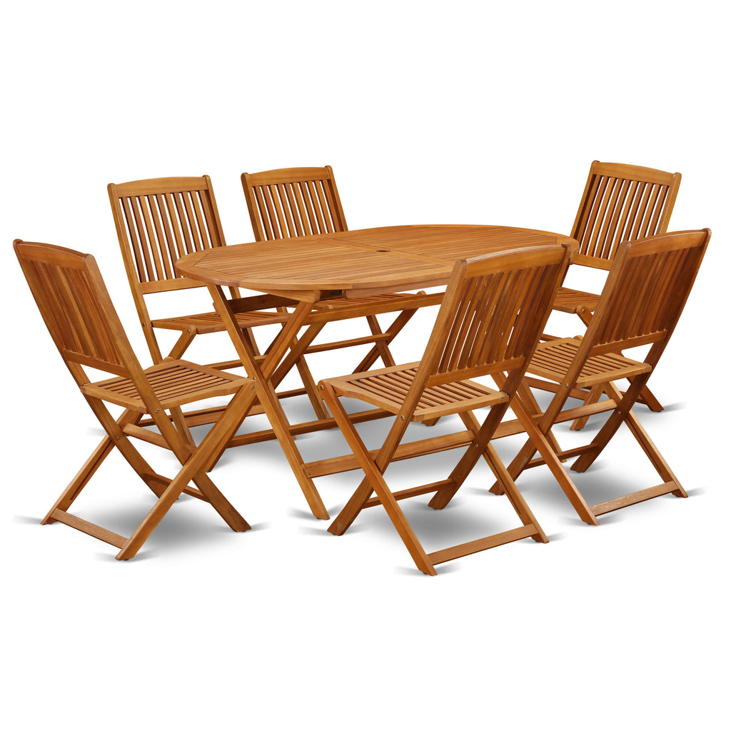 East West Furniture DICM7CWNA 7 Piece Patio Dining Set Consist of an Oval Outdoor Acacia Wood Table and 6 Folding Side Chairs