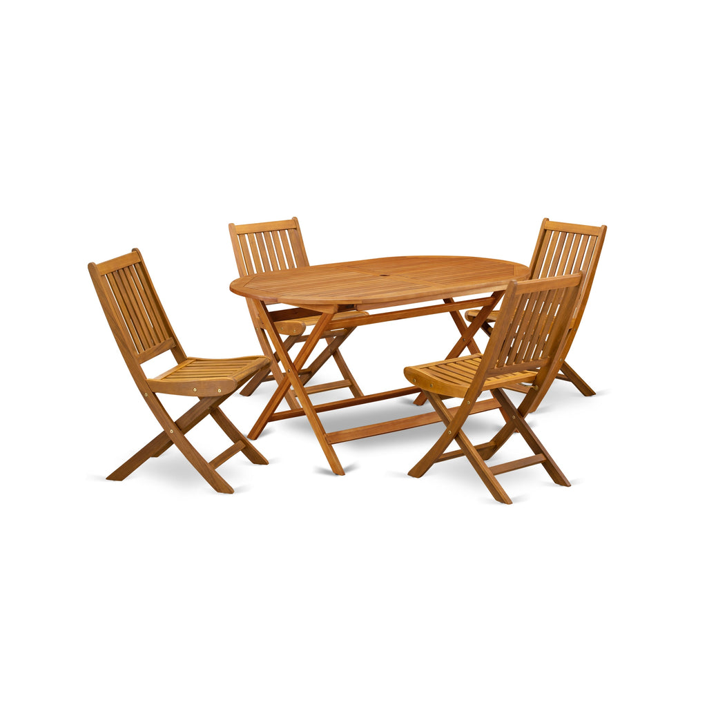 East West Furniture DIDK5CWNA 5 Piece Patio Garden Table Set Includes an Oval Outdoor Acacia Wood Dining Table and 4 Folding Side Chairs, 36x60 Inch, Natural Oil