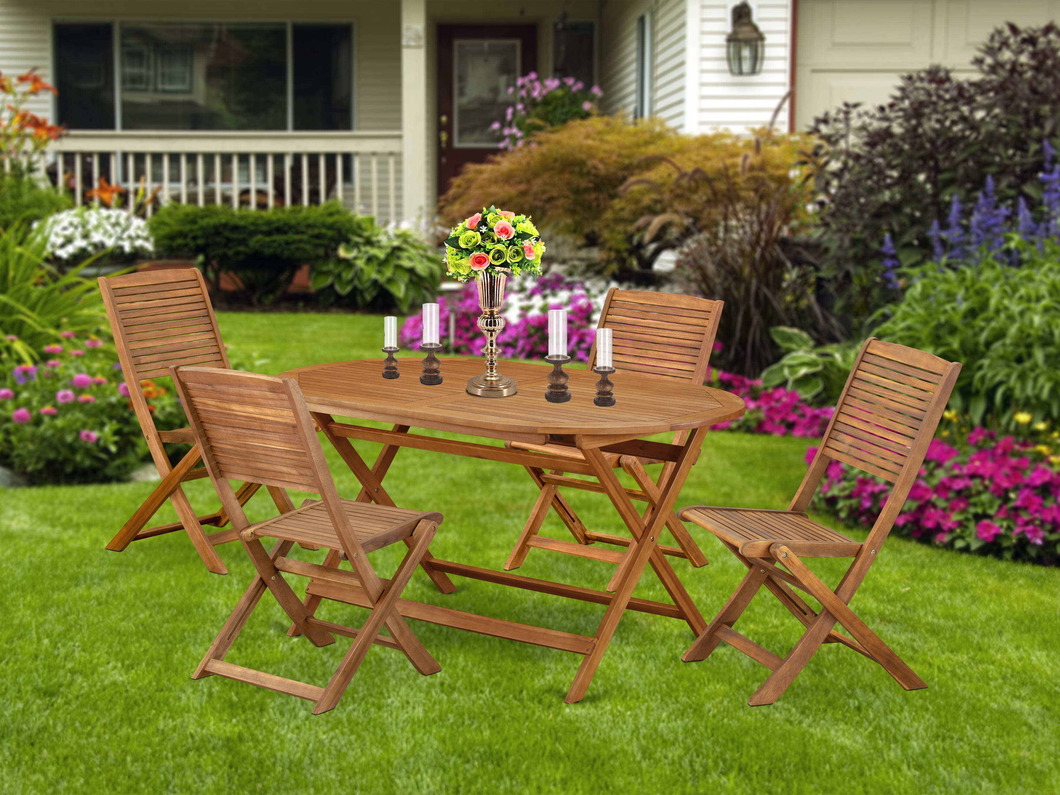 Juego de mesa de jardín para patio de 5 piezas DIFM5CWNA de East West Furniture. Incluye una mesa de comedor ovalada de madera de acacia para exteriores y 4 sillas laterales plegables.