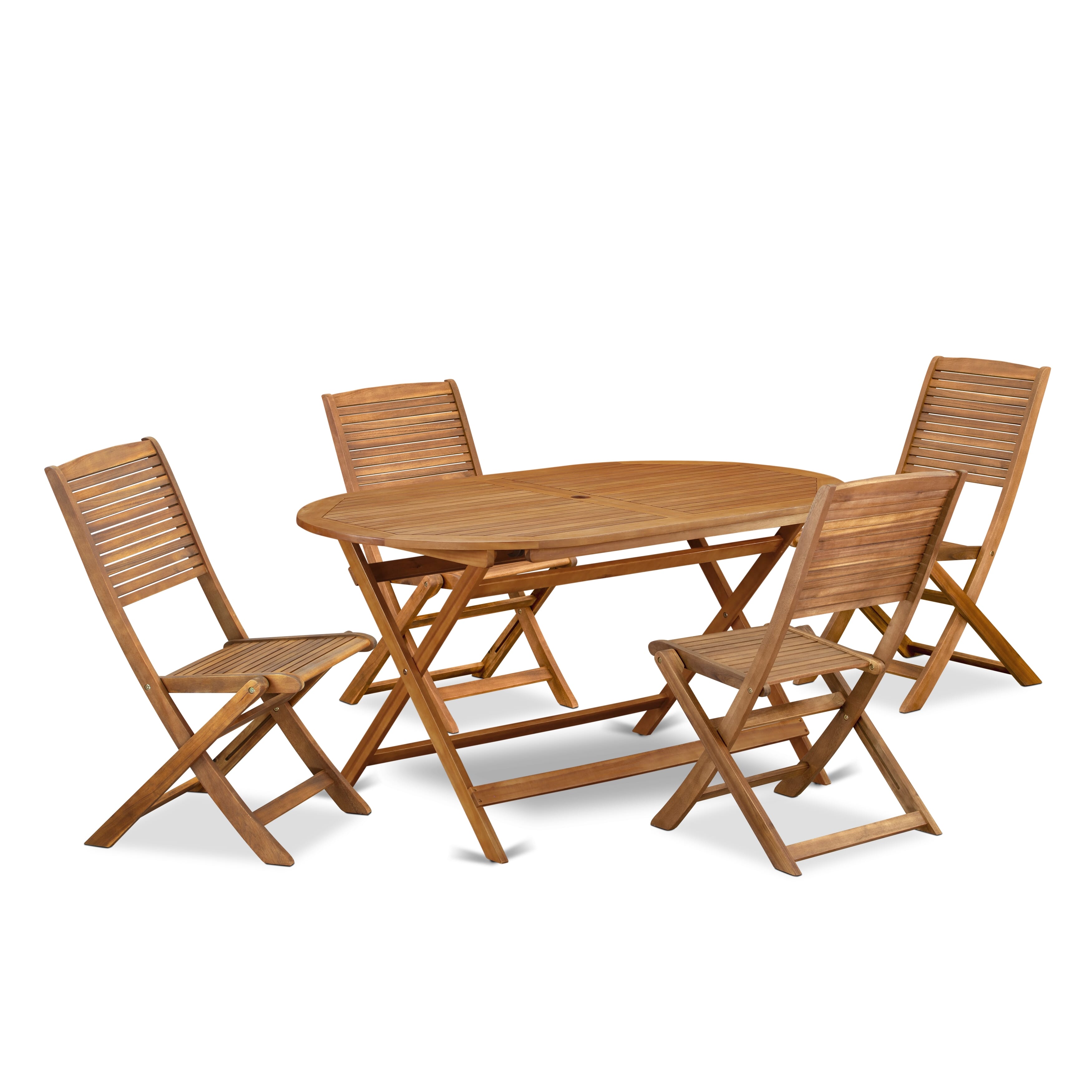 Juego de mesa de jardín para patio de 5 piezas DIFM5CWNA de East West Furniture. Incluye una mesa de comedor ovalada de madera de acacia para exteriores y 4 sillas laterales plegables.