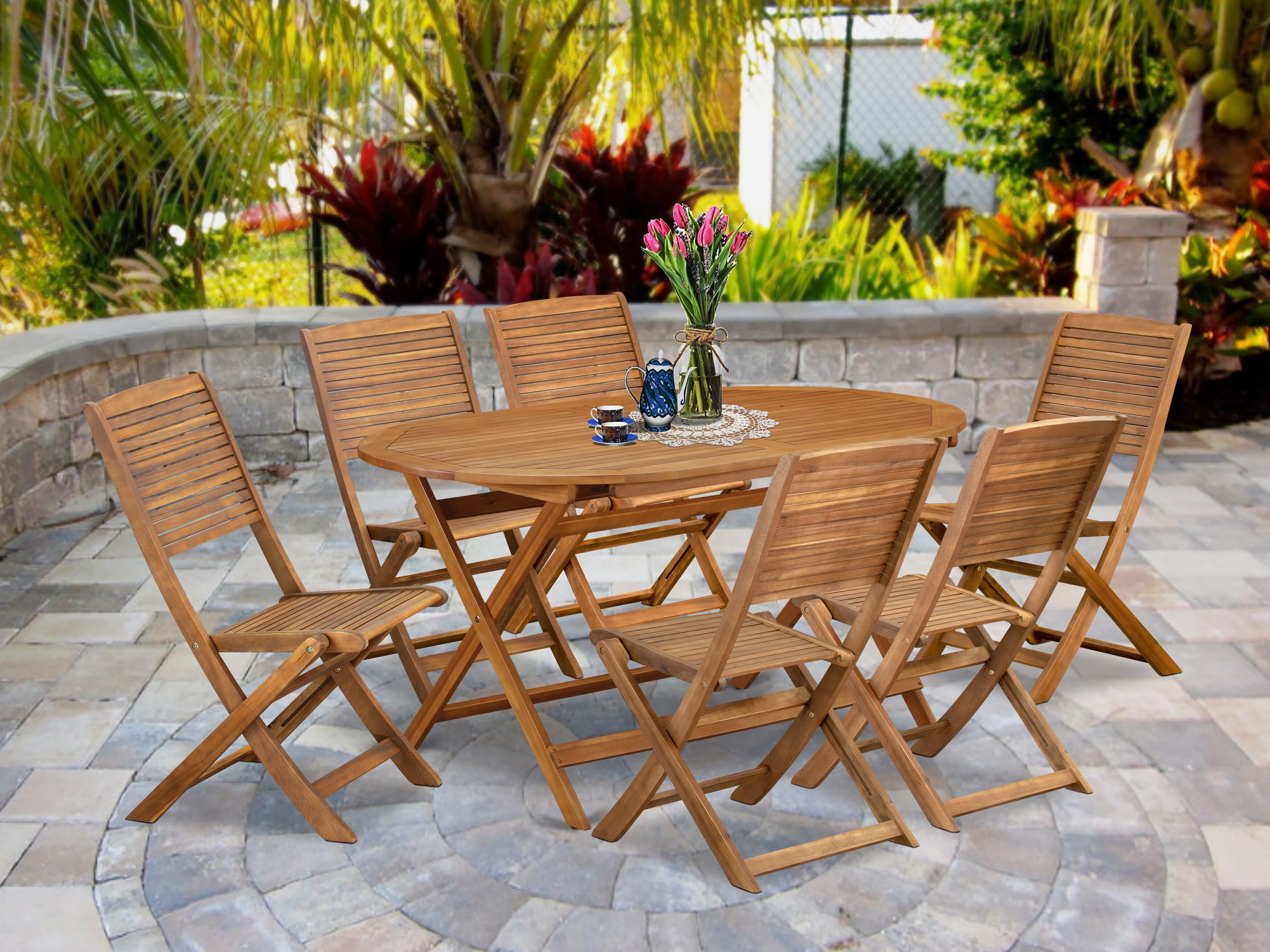 East West Furniture DIFM7CWNA 7 Piece Patio Dining Set Includes an Oval Outdoor Acacia wood Table and 6 Folding Side Chairs, 36x60 Inch, Natural Oil