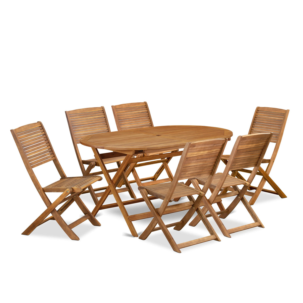 East West Furniture DIFM7CWNA 7 Piece Patio Dining Set Includes an Oval Outdoor Acacia Wood Table and 6 Folding Side Chairs, 36x60 Inch, Natural Oil