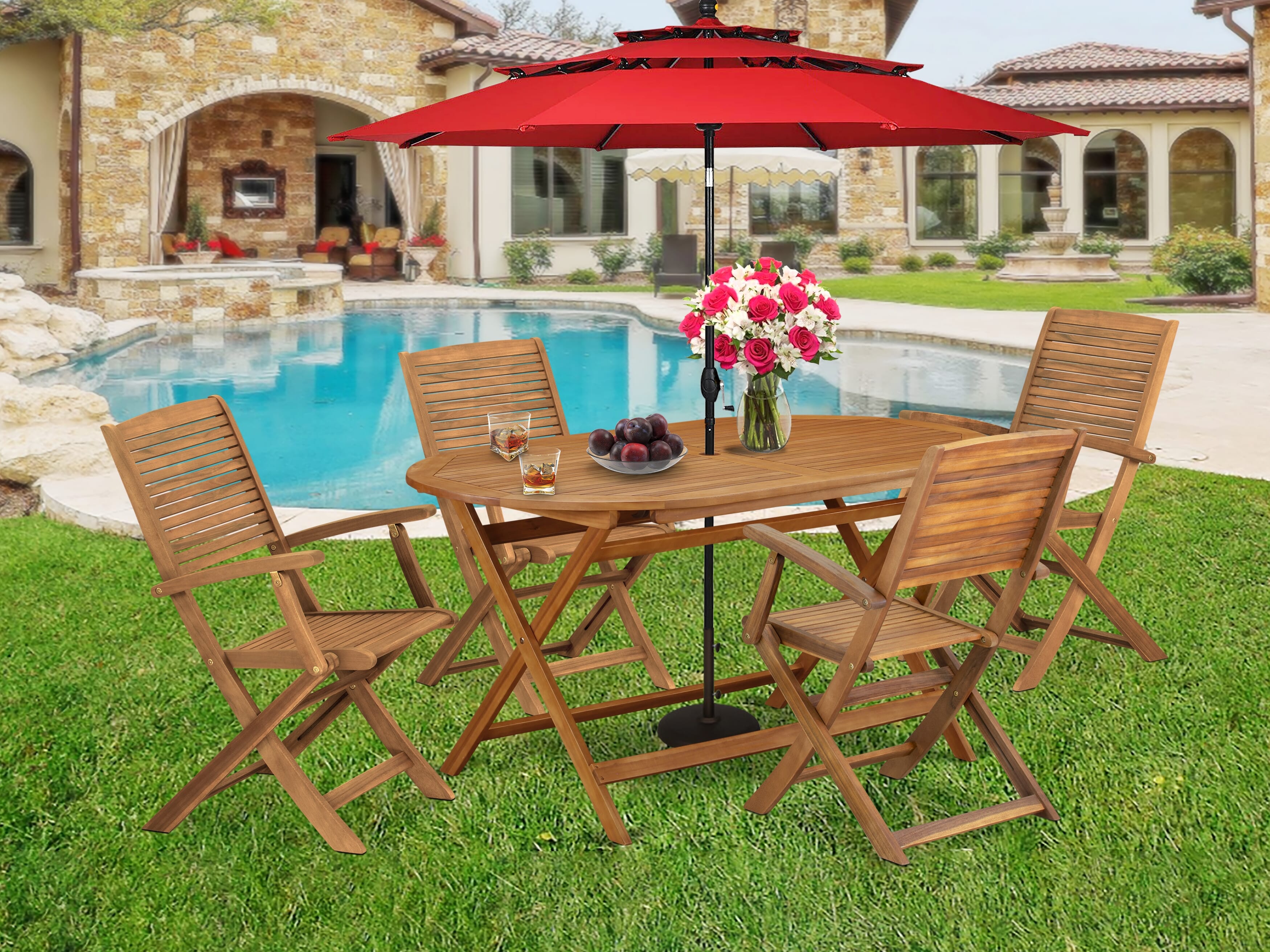 East West Furniture DIHD5CANA 5 Piece Outdoor Patio Dining Sets Consist of an Oval Acacia wood Table and 4 Folding Arm Chairs, 36x60 Inch, Natural Oil