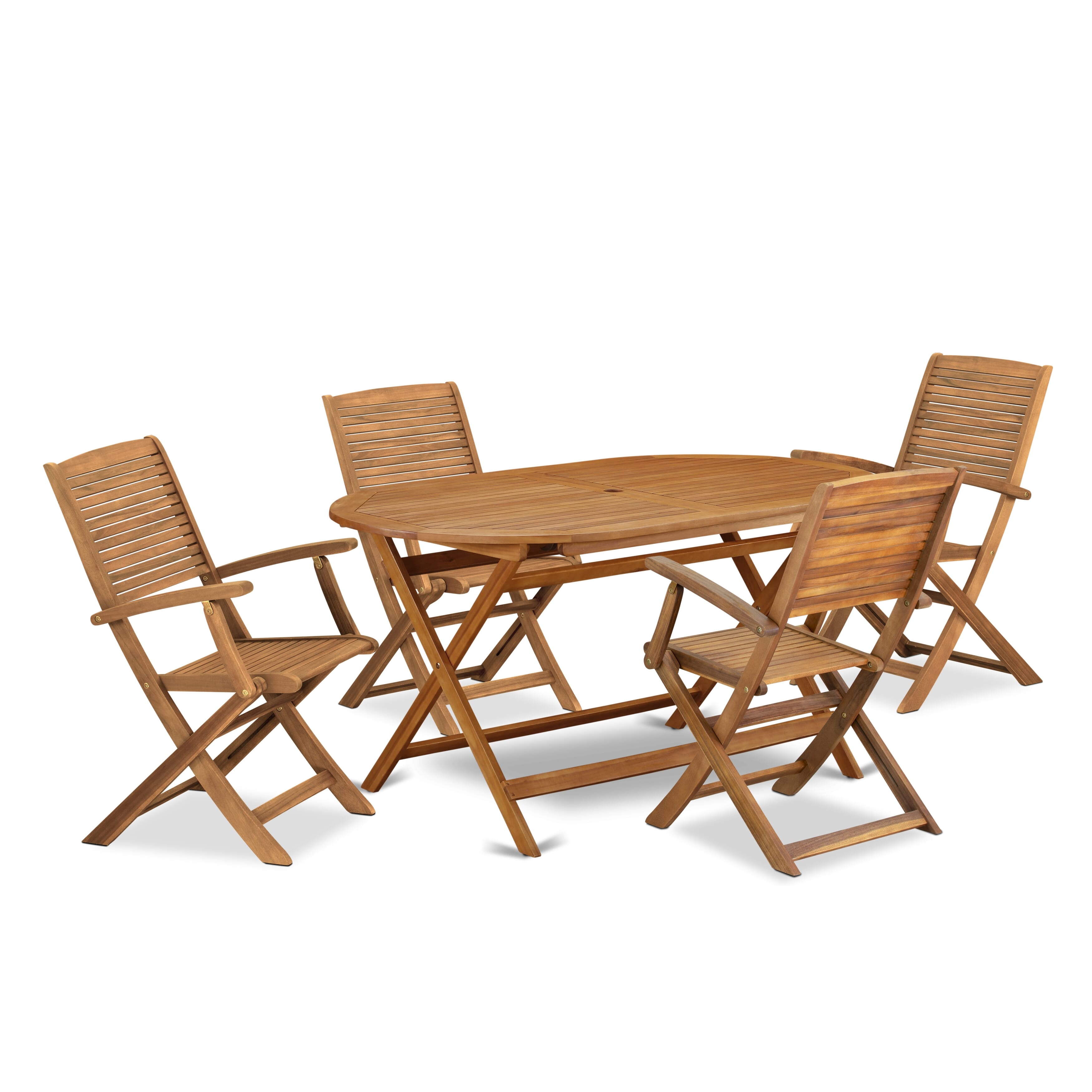 East West Furniture DIHD5CANA 5 Piece Outdoor Patio Dining Sets Consist of an Oval Acacia wood Table and 4 Folding Arm Chairs, 36x60 Inch, Natural Oil