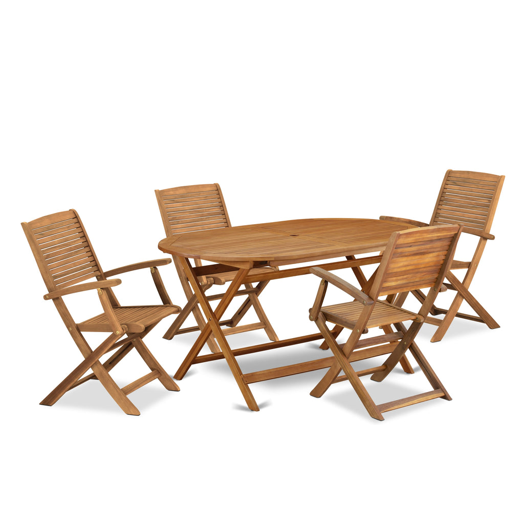 East West Furniture DIHD5CANA 5 Piece Outdoor Patio Dining Sets Consist of an Oval Acacia Wood Table and 4 Folding Arm Chairs
