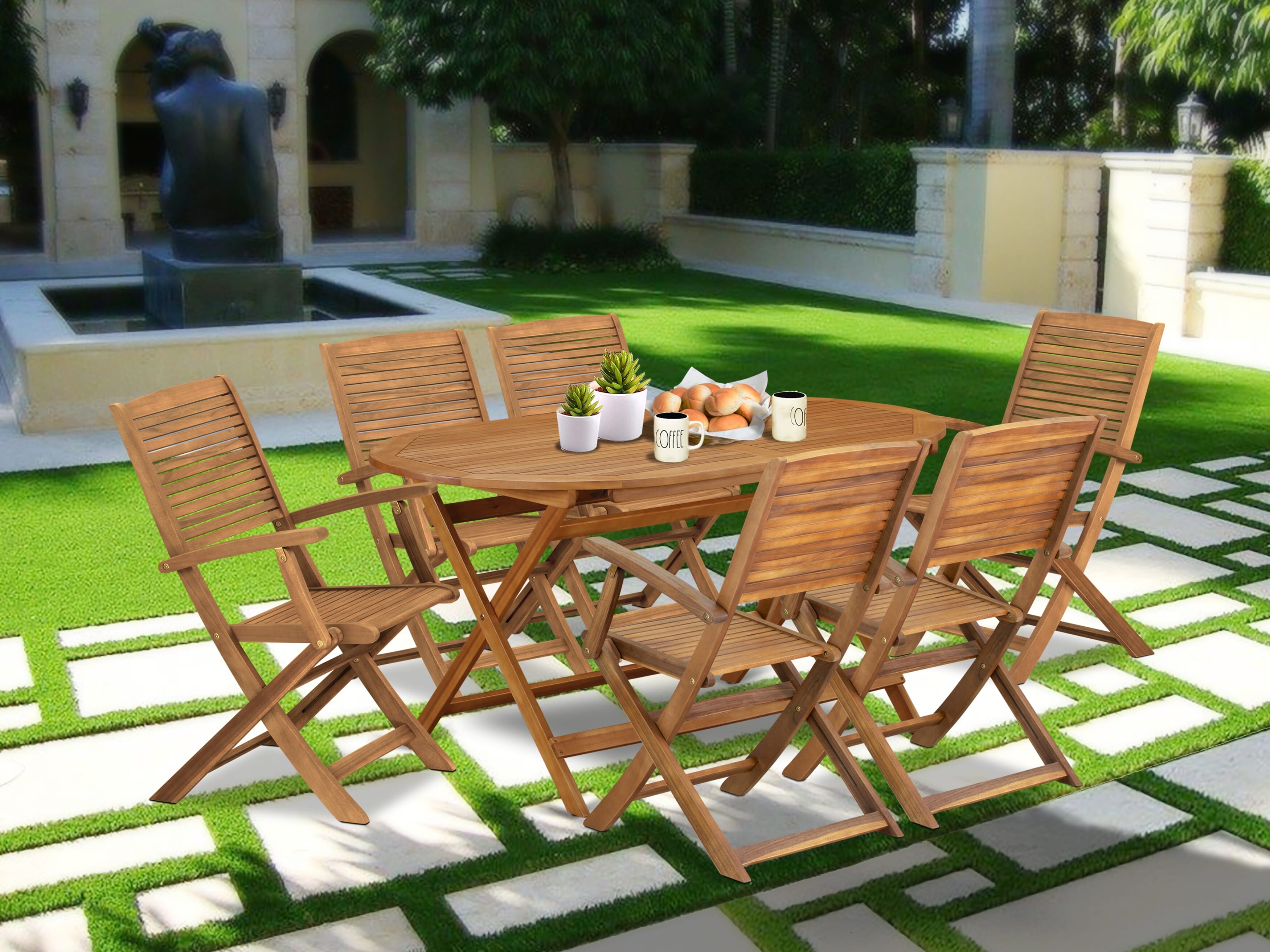 East West Furniture DIHD7CANA 7 Piece Patio Dining Set Includes an Oval Outdoor Acacia wood Table and 6 Folding Arm Chairs, 36x60 Inch, Natural Oil