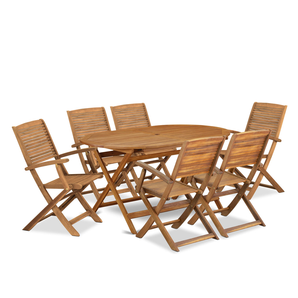 East West Furniture DIHD7CANA 7 Piece Patio Dining Set Includes an Oval Outdoor Acacia Wood Table and 6 Folding Arm Chairs, 36x60 Inch, Natural Oil