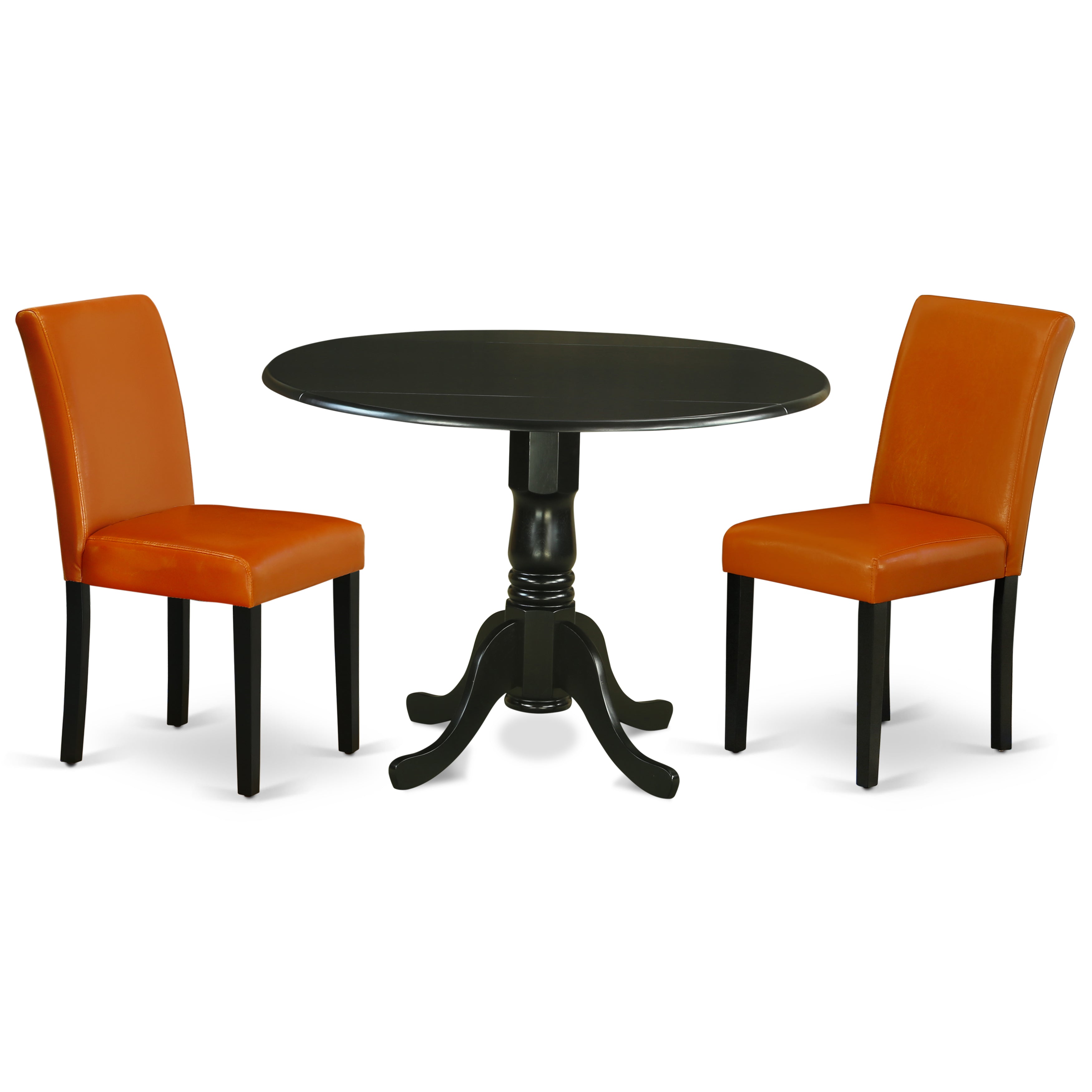 Juego de mesa y sillas de cocina de 3 piezas East West Furniture DLAB3-BLK-61. Incluye una mesa de comedor redonda con alas abatibles y dos sillas tapizadas en piel sintética color berenjena.