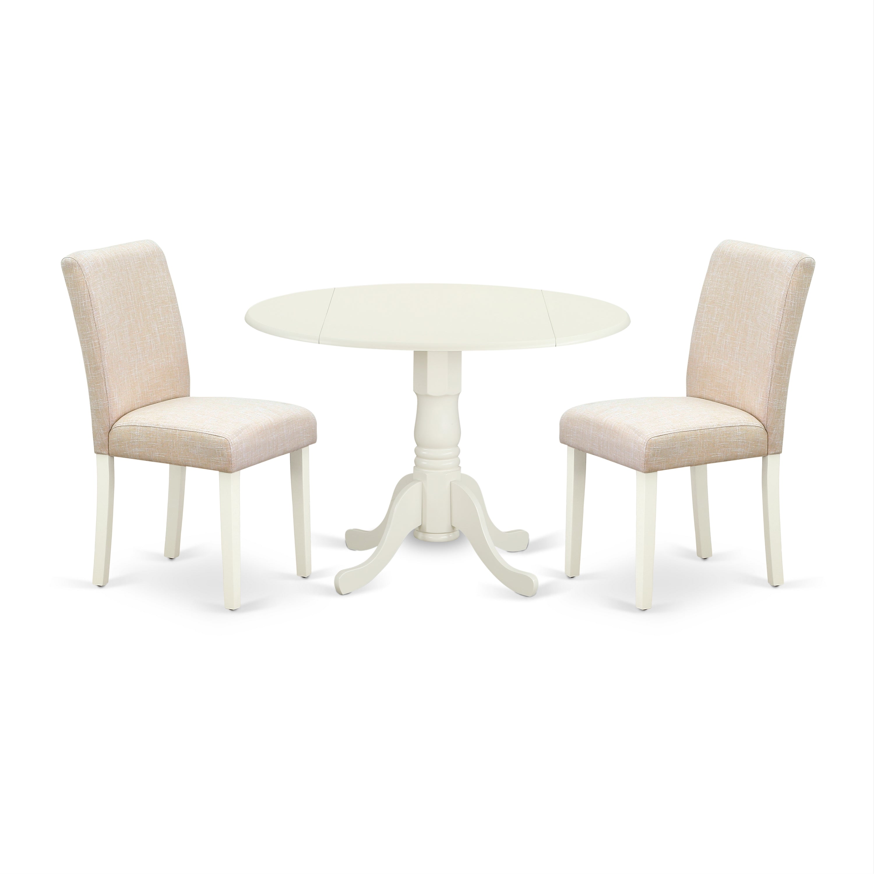 Juego de mesa de comedor moderna de 3 piezas East West Furniture DLAB3-LWH-02. Incluye una mesa redonda de madera con alas abatibles y 2 sillas tapizadas en tela de lino beige claro.