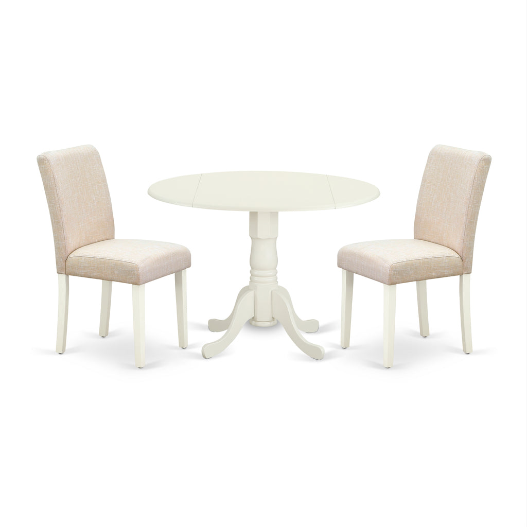 Juego de mesa de comedor moderna de 3 piezas East West Furniture DLAB3-LWH-02. Incluye una mesa redonda de madera con alas abatibles y 2 sillas tapizadas en tela de lino beige claro.