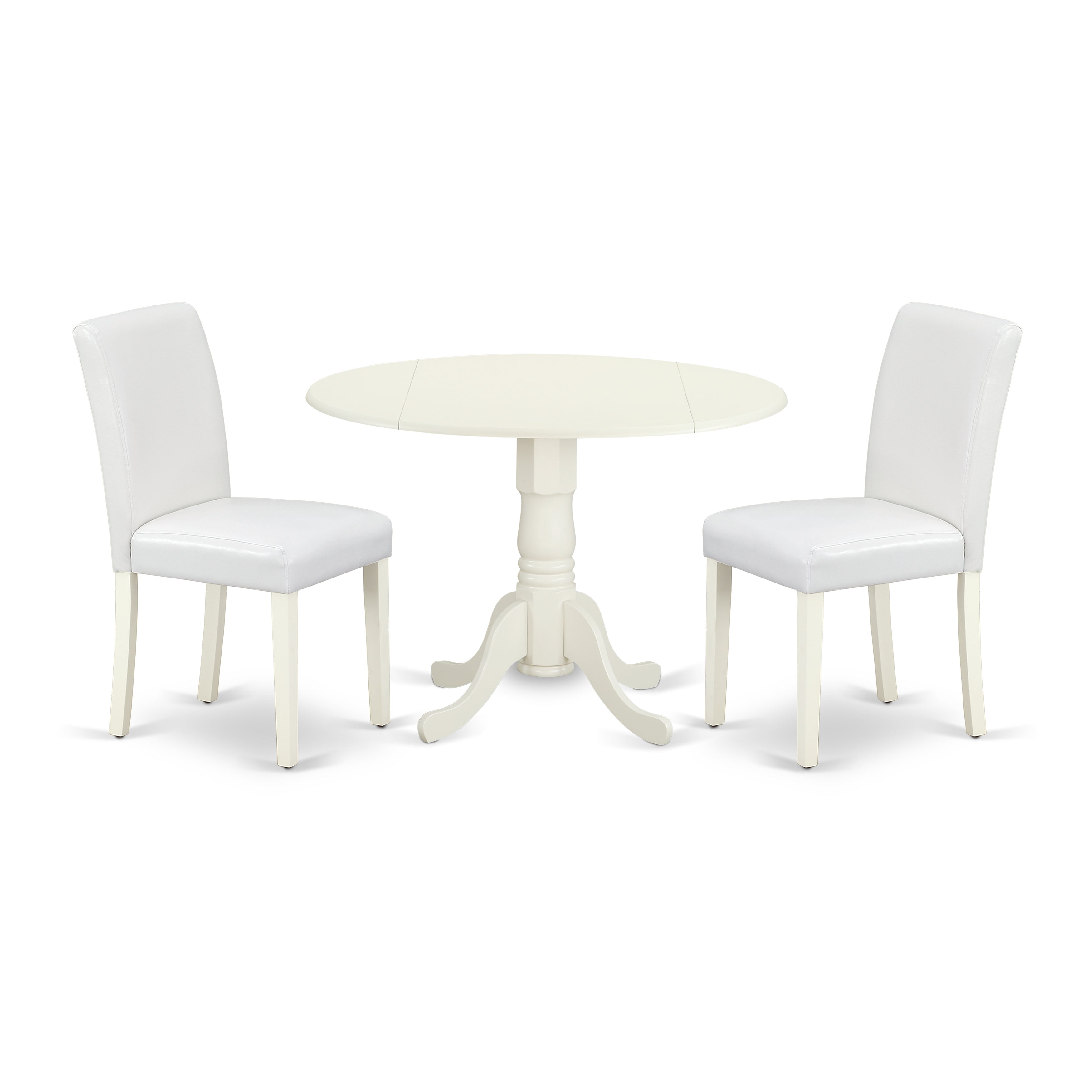 Juego de comedor de 3 piezas East West Furniture DLAB3-LWH-64 para espacios pequeños. Contiene una mesa de comedor redonda con alas abatibles y 2 sillas de comedor Parson de cuero sintético blanco.