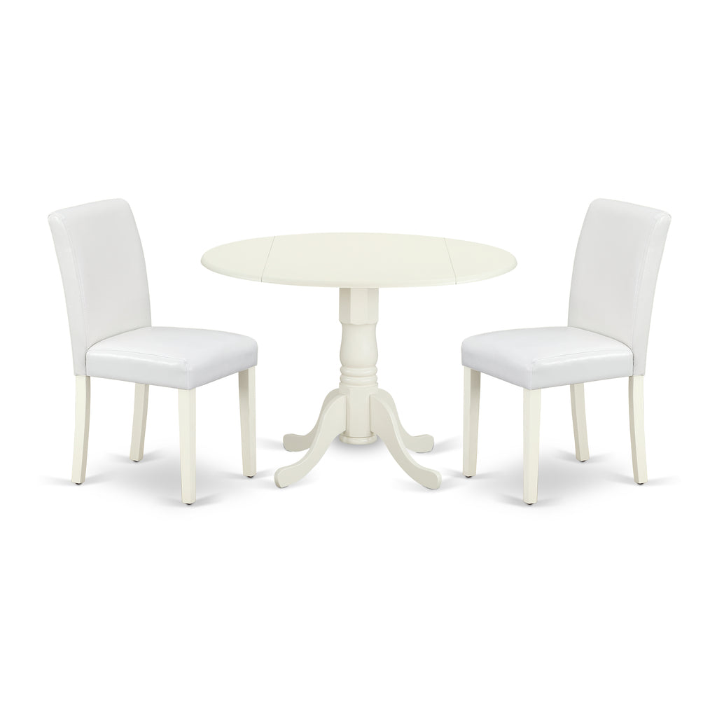 Juego de comedor de 3 piezas East West Furniture DLAB3-LWH-64 para espacios pequeños. Contiene una mesa de comedor redonda con alas abatibles y 2 sillas de comedor Parson de cuero sintético blanco.