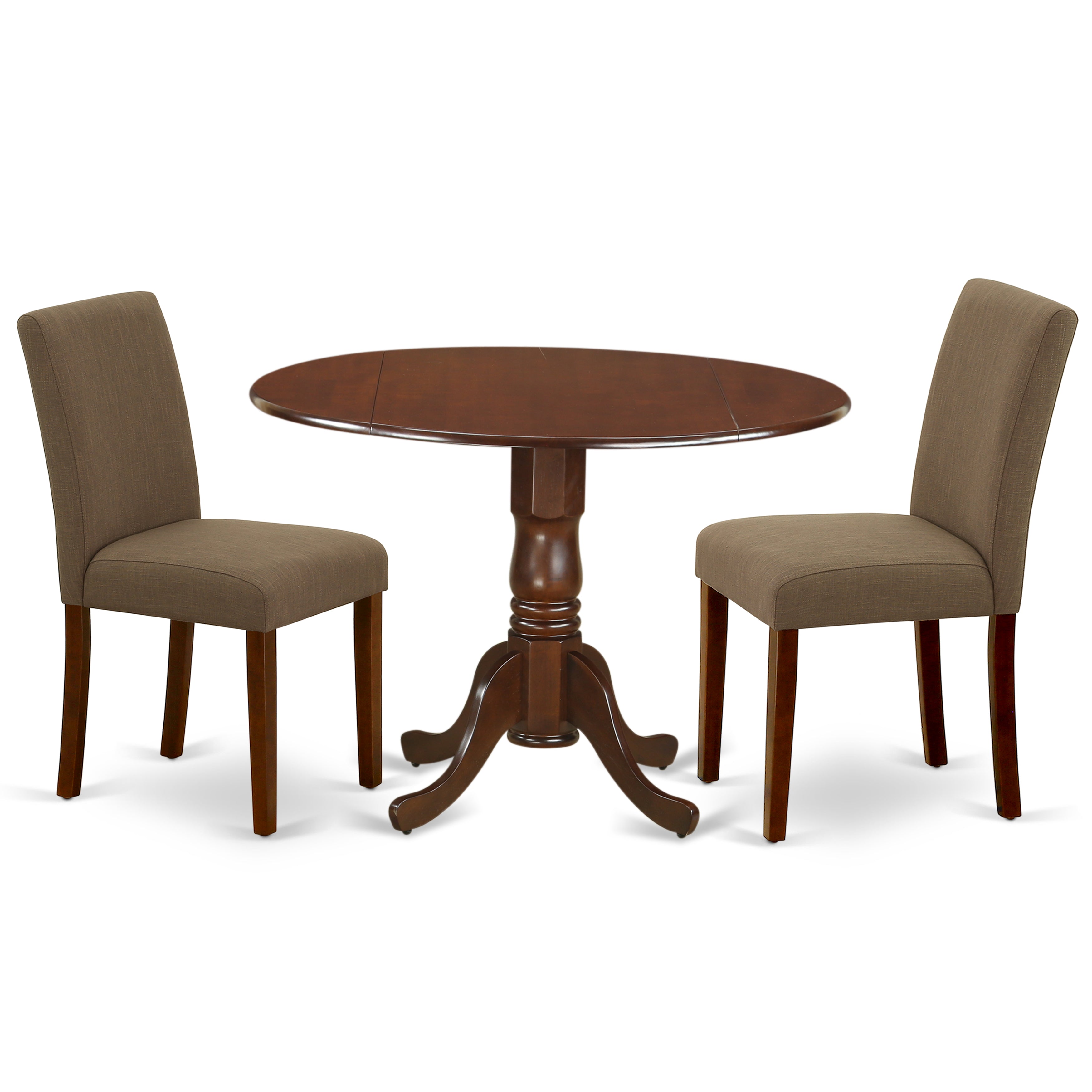 Juego de comedor de 3 piezas East West Furniture DLAB3-MAH-18. Incluye una mesa de comedor redonda con alas abatibles y dos sillas Parson tapizadas en tela de lino color café.