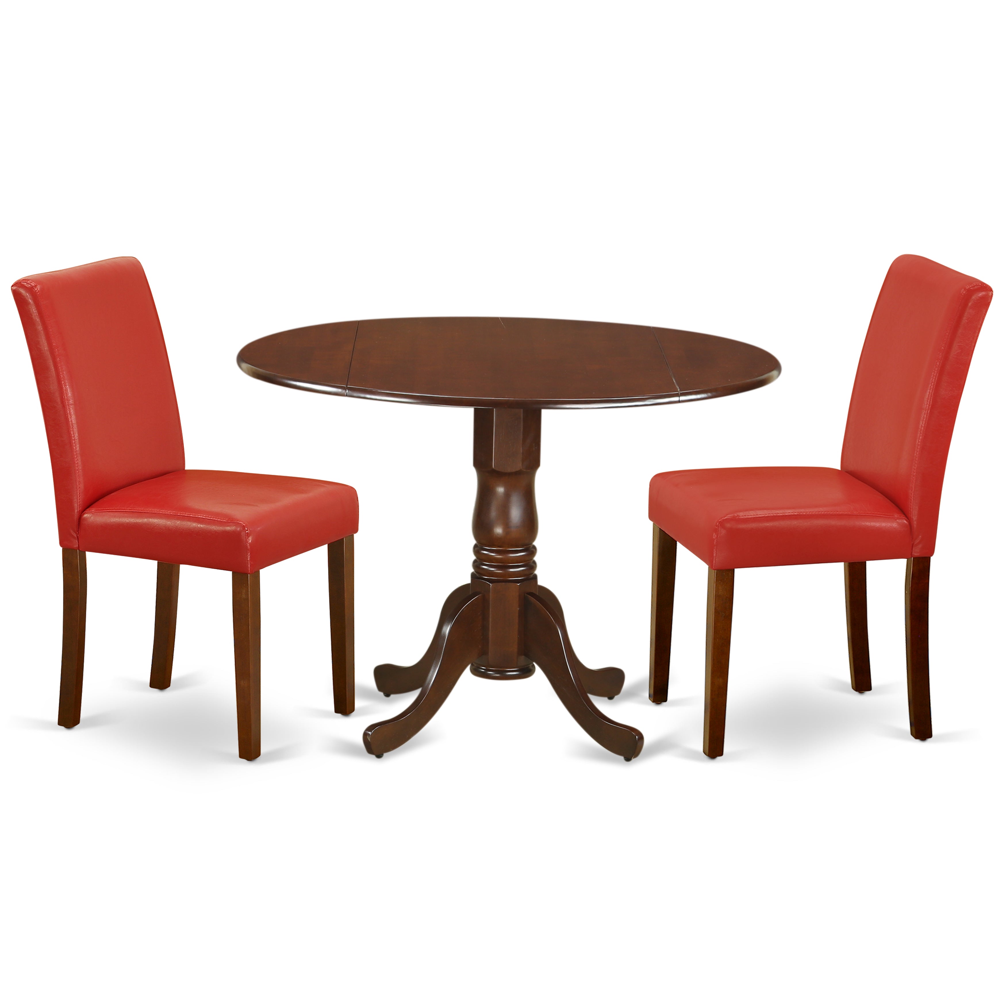 El juego de mesa de cocina de 3 piezas East West Furniture DLAB3-MAH-72 incluye una mesa de comedor redonda con alas abatibles y dos sillas tapizadas en piel sintética color rojo ladrillo refractario.