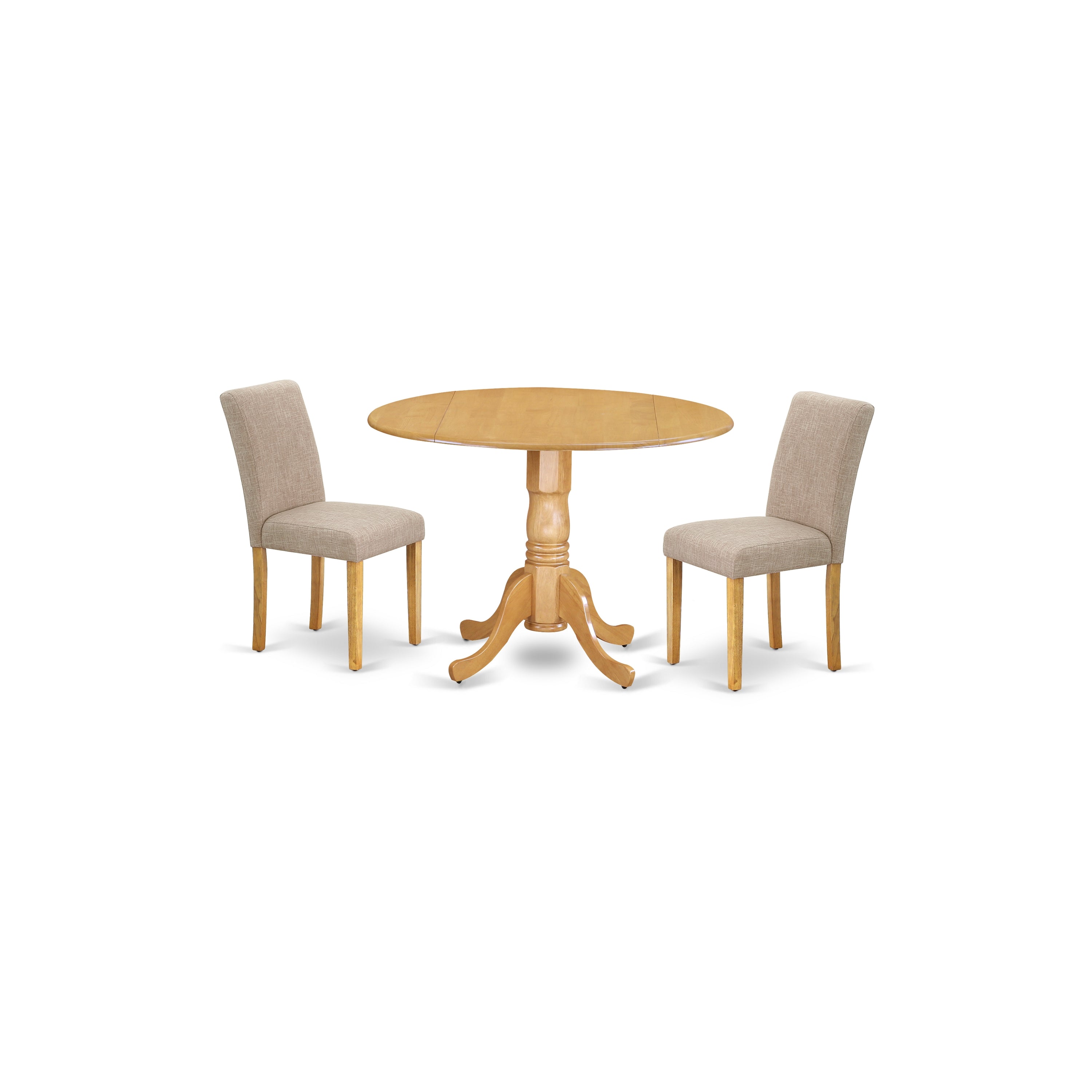 Juego de comedor de 3 piezas East West Furniture DLAB3-OAK-04. Incluye una mesa de comedor redonda con alas abatibles y dos sillas Parsons de tela de lino color tostado claro.