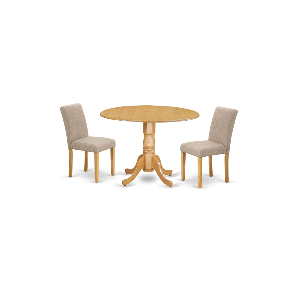East West Furniture DLAB3-OAK-04 3 Piece Dining Room Furniture Set Contains a Round Dining Table with Dropleaf and 2 Light Tan Linen Fabric Parsons Chairs, 42x42 Inch, Oak