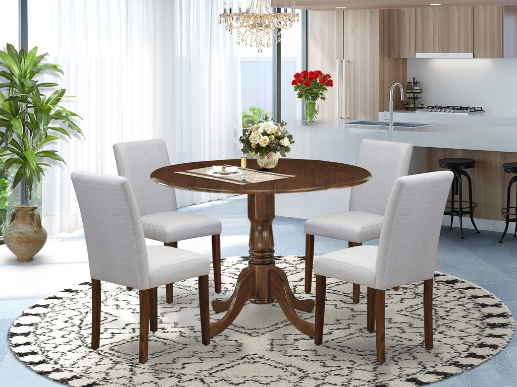 East West Furniture DLAB5-AWA-05 5 Piece Dining Set Contains a Round Dining Room Table with Dropleaf and 4 Upholstered Chairs