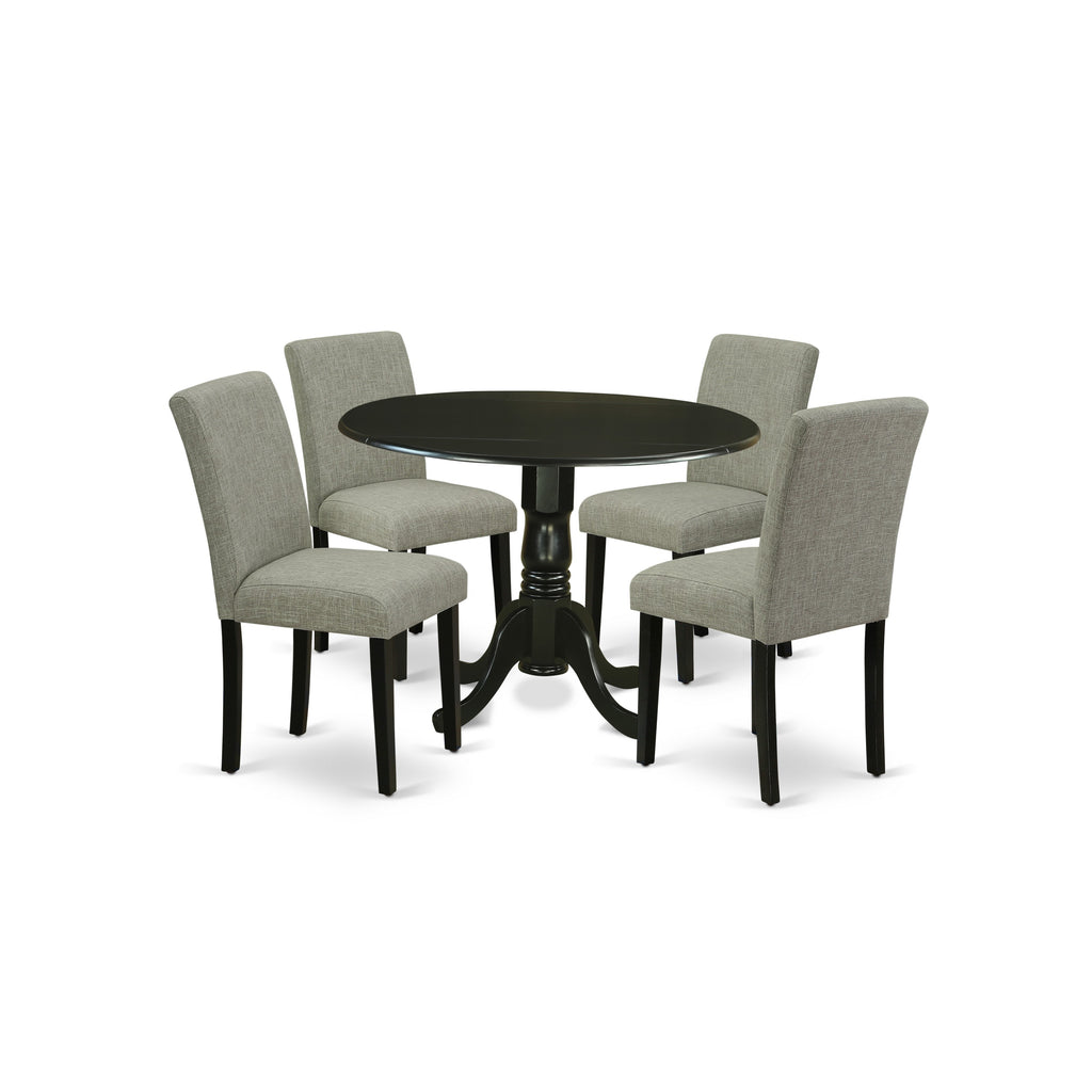 East West Furniture DLAB5-BLK-06 5 Piece Dinette Set for 4 Includes a Round Dining Room Table with Dropleaf and 4 Shitake Linen Fabric Parsons Dining Chairs, 42x42 Inch, Black