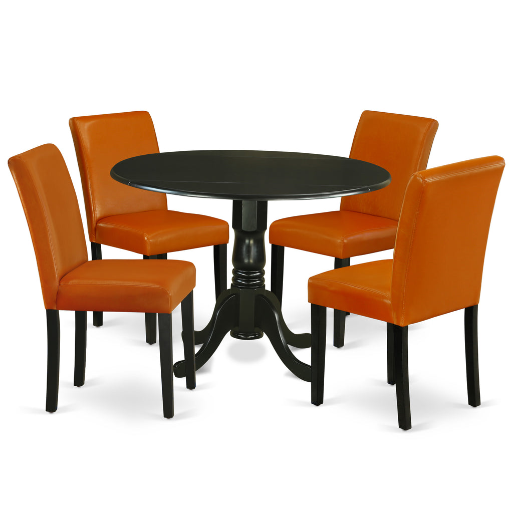 Juego de mesa de cocina de 5 piezas East West Furniture DLAB5-BLK-61 para 4 personas. Incluye una mesa de comedor redonda con alas abatibles y 4 sillas de comedor Parson de cuero sintético Baked Bean.