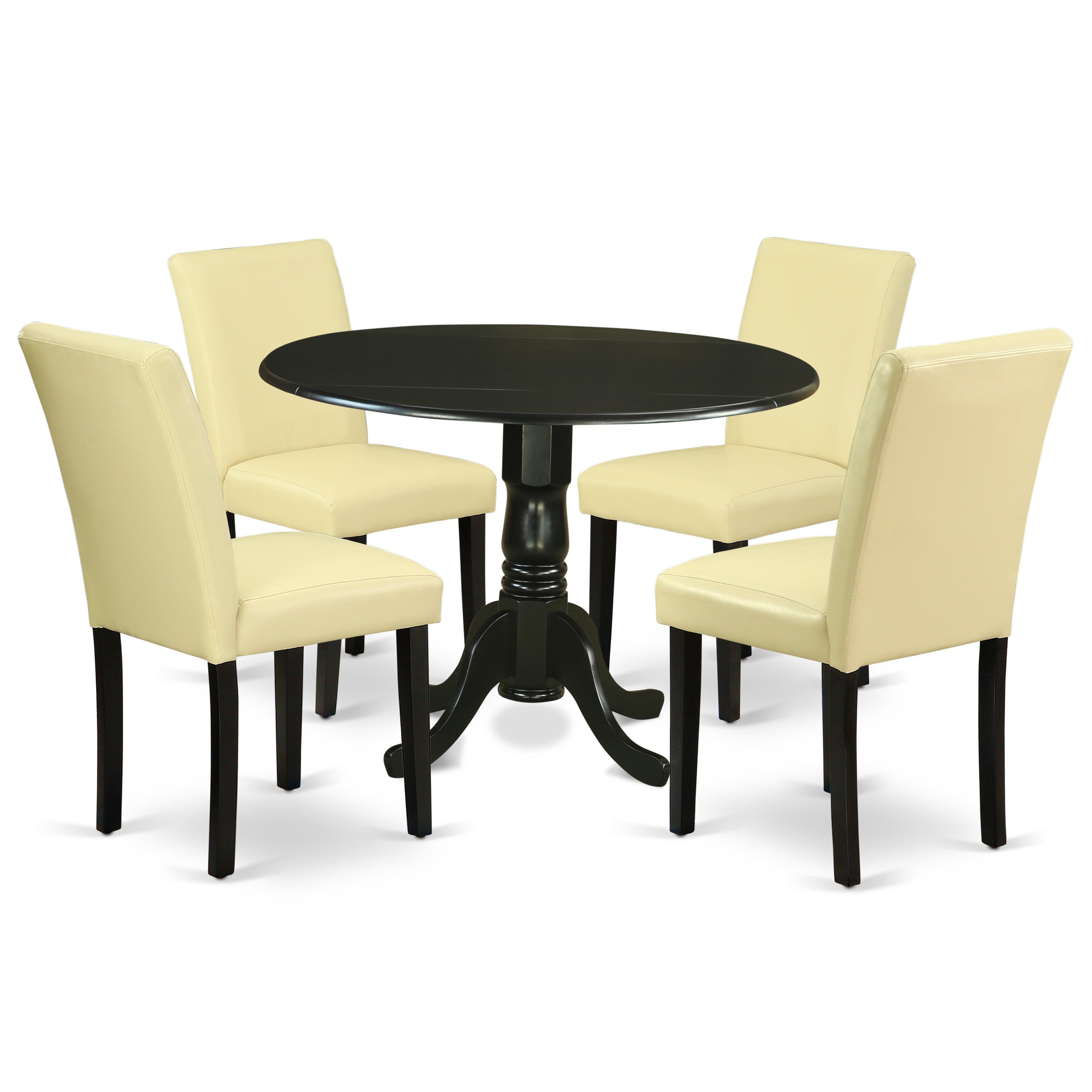Juego de mesa de comedor de 5 piezas East West Furniture DLAB5-BLK-73 para 4 personas. Incluye una mesa de cocina redonda con alas abatibles y 4 sillas tapizadas de piel sintética color Eggnog.