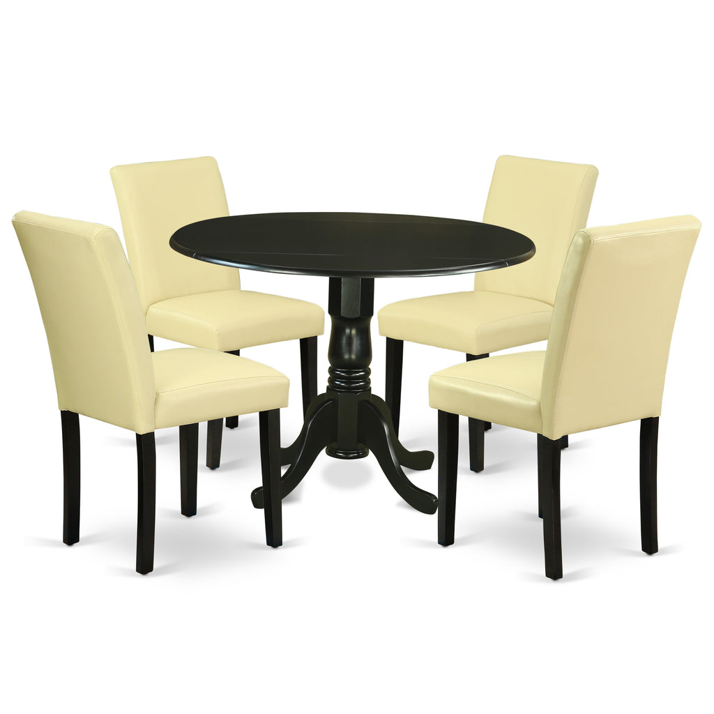East West Furniture DLAB5-BLK-73 5 Piece Dining Table Set for 4 Includes a Round Kitchen Table with Dropleaf and 4 Eggnog Faux Leather Upholstered Chairs, 42x42 Inch, Black