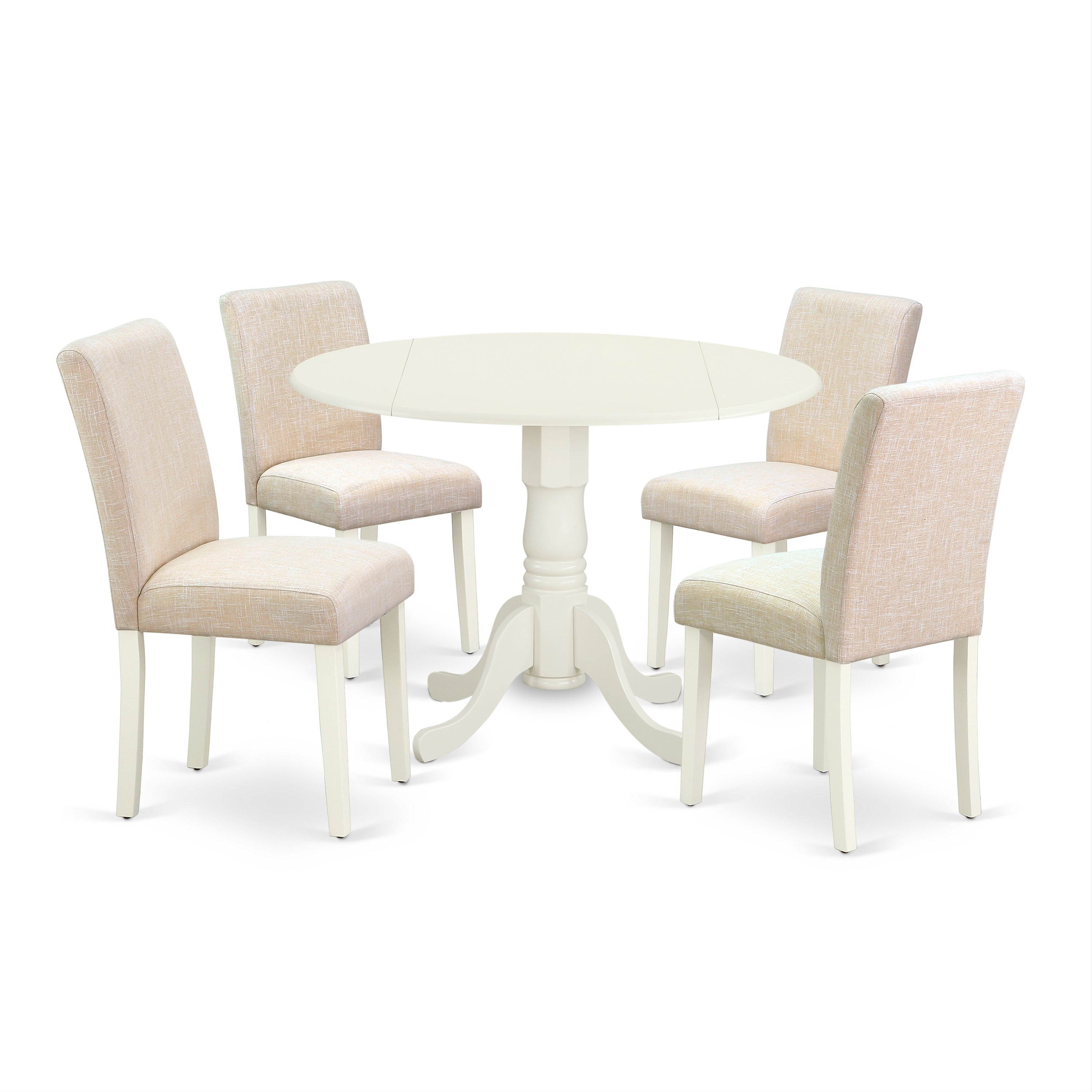El juego de mesa de comedor de 5 piezas East West Furniture DLAB5-LWH-02 incluye una mesa de cocina redonda con alas abatibles y 4 sillas de comedor Parson de tela de lino beige claro.