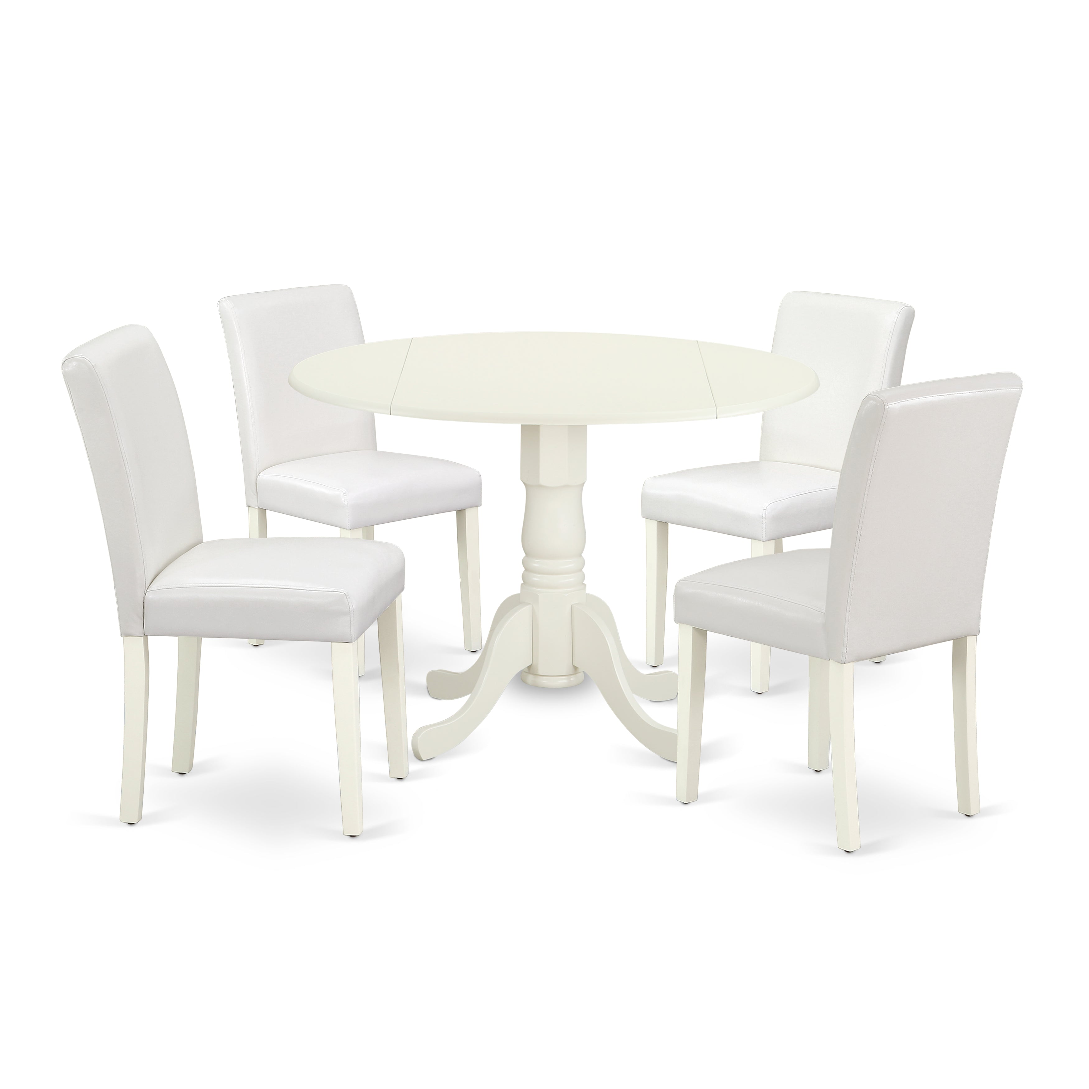 El juego de mesa y sillas de cocina de 5 piezas East West Furniture DLAB5-LWH-64 incluye una mesa de comedor redonda con alas abatibles y 4 sillas de comedor Parsons de cuero sintético blanco.