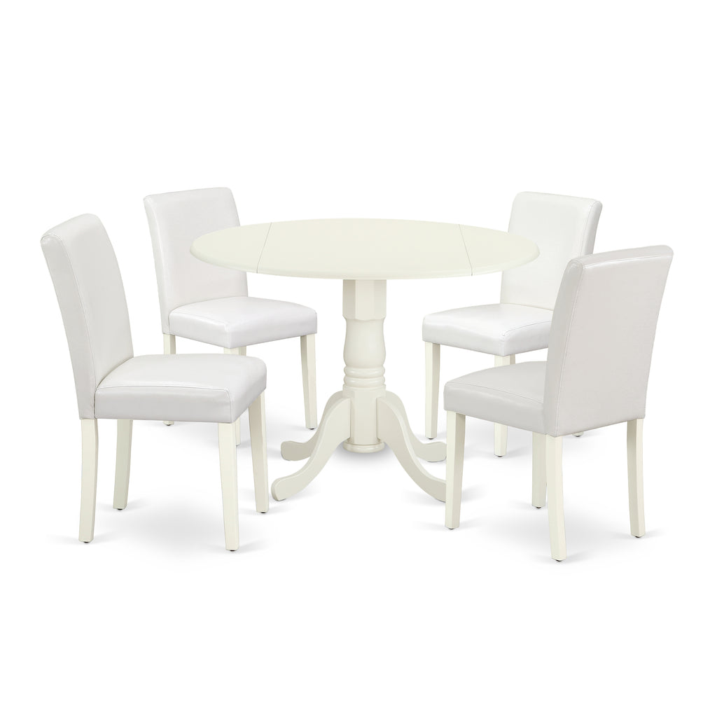 East West Furniture DLAB5-LWH-64 5 Piece Kitchen Table & Chairs Set Includes a Round Dining Room Table with Dropleaf and 4 White Faux Leather Parsons Dining Chairs, 42x42 Inch, Linen White