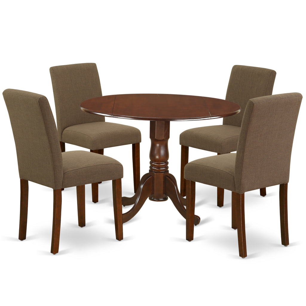 East West Furniture DLAB5-MAH-18 5 Piece Kitchen Table & Chairs Set Includes a Round Dining Room Table with Dropleaf and 4 Coffee Linen Fabric Parson Dining Chairs