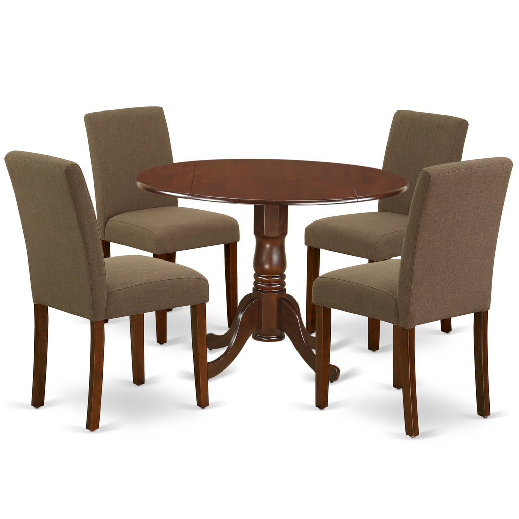 East West Furniture DLAB5-MAH-18 5 Piece Kitchen Table & Chairs Set Includes a Round Dining Room Table with Dropleaf and 4 Coffee Linen Fabric Parson Dining Chairs, 42x42 Inch, Mahogany
