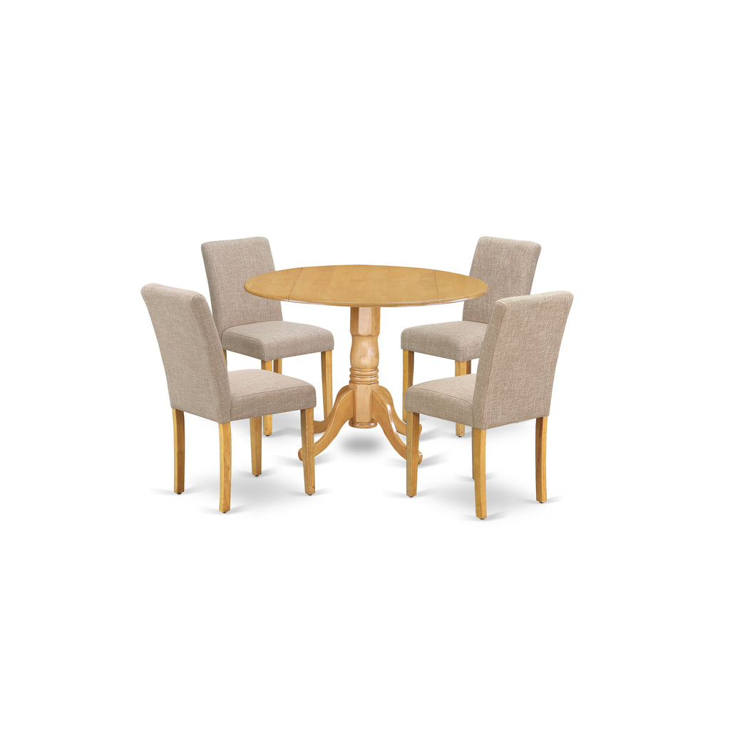 East West Furniture DLAB5-OAK-04 5 Piece Dinette Set for 4 Includes a Round Dining Room Table with Dropleaf and 4 Light Tan Linen Fabric Parsons Dining Chairs, 42x42 Inch, Oak