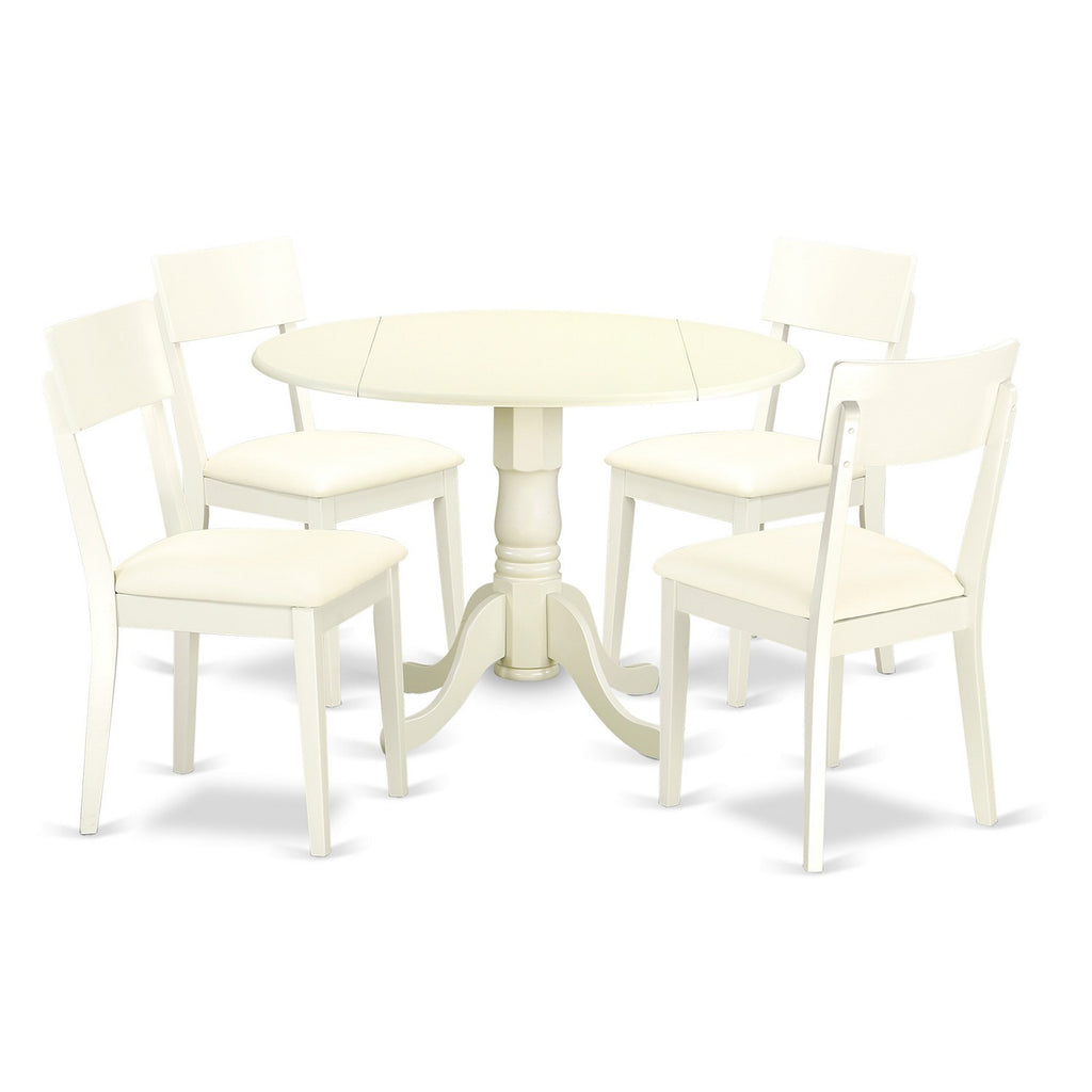 East West Furniture DLAD5-LWH-LC 5 Piece Modern Dining Table Set Includes a Round Wooden Table with Dropleaf and 4 Faux Leather Dining Room Chairs, 42x42 Inch, Linen White