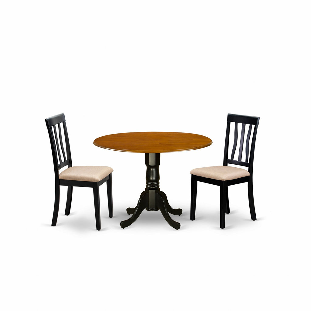 East West Furniture DLAN3-BCH-C 3 Piece Dining Room Table Set  Contains a Round Kitchen Table with Dropleaf and 2 Linen Fabric Upholstered Dining Chairs
