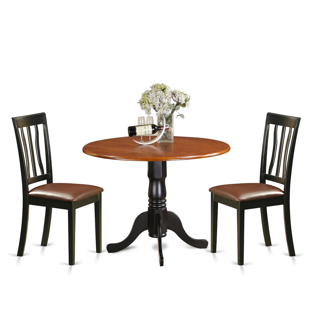 East West Furniture DLAN3-BCH-LC 3 Piece Kitchen Table Set for Small Spaces Contains a Round Dining Room Table with Dropleaf and 2 Faux Leather Upholstered Chairs, 42x42 Inch, Black & Cherry