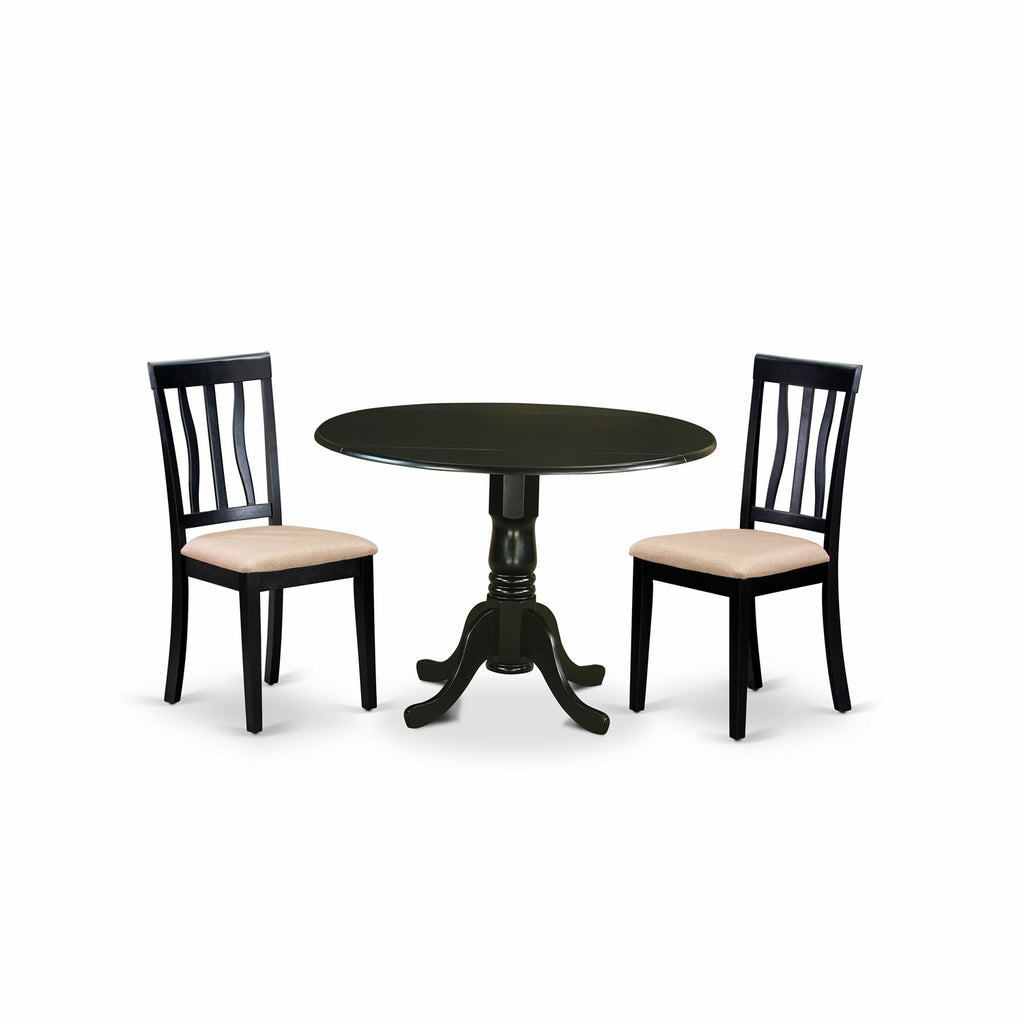 East West Furniture DLAN3-BLK-C 3 Piece Dining Table Set for Small Spaces Contains a Round Dining Room Table with Dropleaf and 2 Linen Fabric Upholstered Chairs